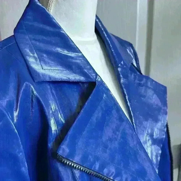 J’Envie NY Shiny Cobalt Blue Double Breasted Rain Jacket w/ Zippers Women Med - Picture 4 of 10